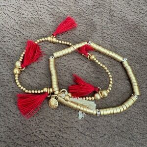 J.Crew Gold Tone Beaded Tassel Stretch Bracelet Set Red‎ Cream Rhinestone Accent